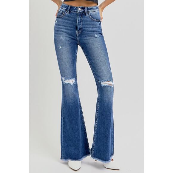 RISEN High Rise Distressed Raw Hem Flare Jeans - RDP5678 - Size 7/28 - Picture 5 of 6